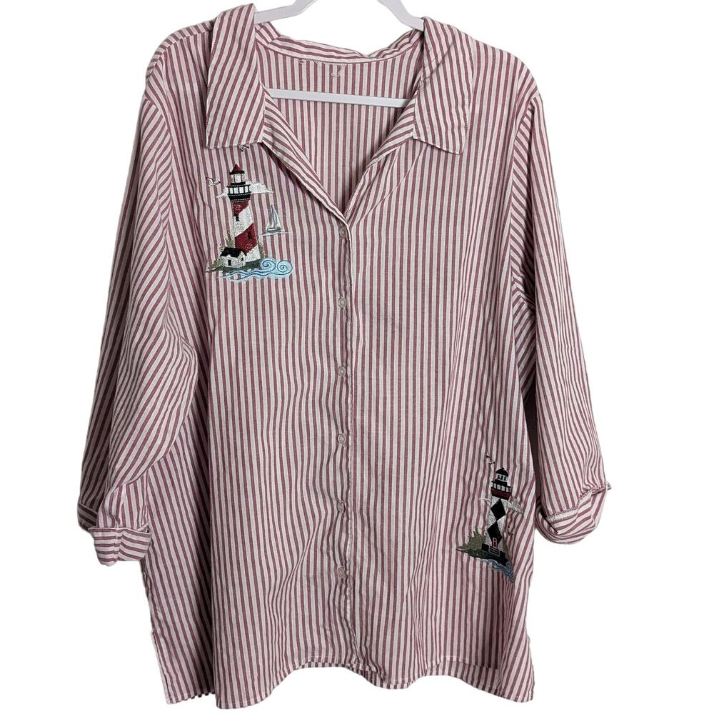 Vintage Button Up Red and White Striped Lighthouse Embroidery 3/4 Sleeve Top XL
